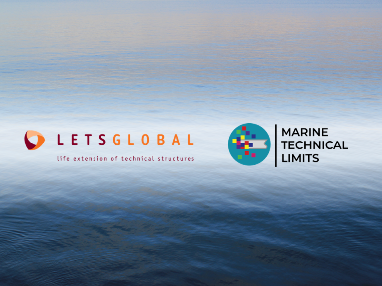 Image shows a background of blue ocean, overlayed with the logos of LETS Global and Marine Technical Limits.
