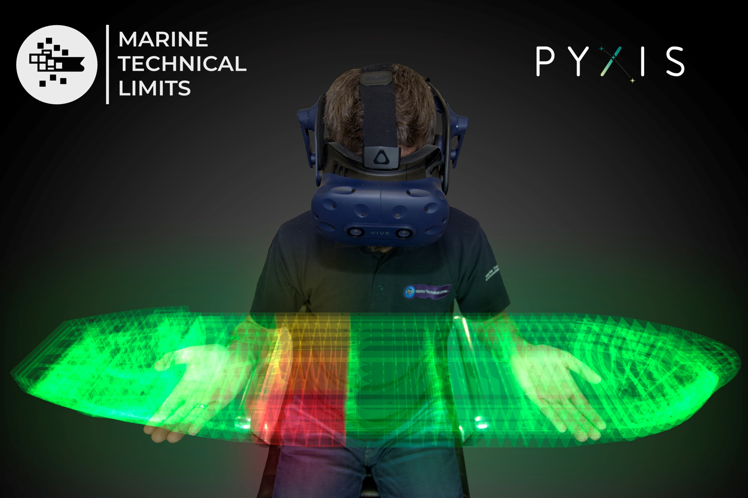 person holding a holographic mimic of a fpso hull structure