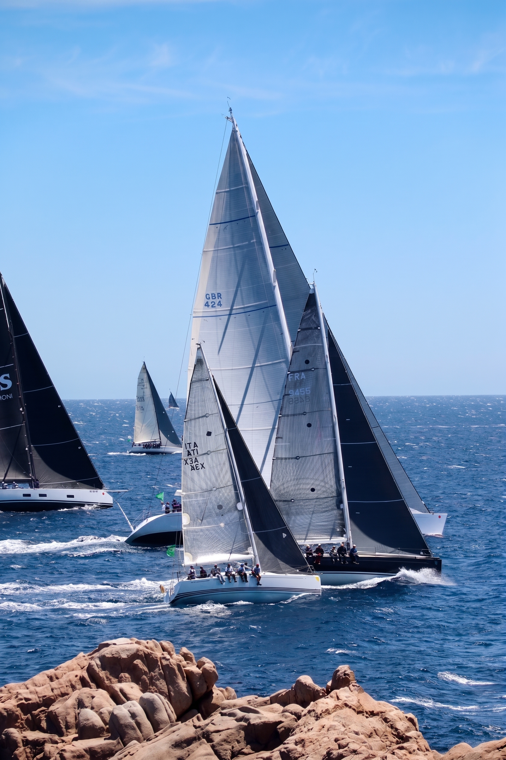 The colossal sails of a regatta of professional sailing boats in bright sunshine 