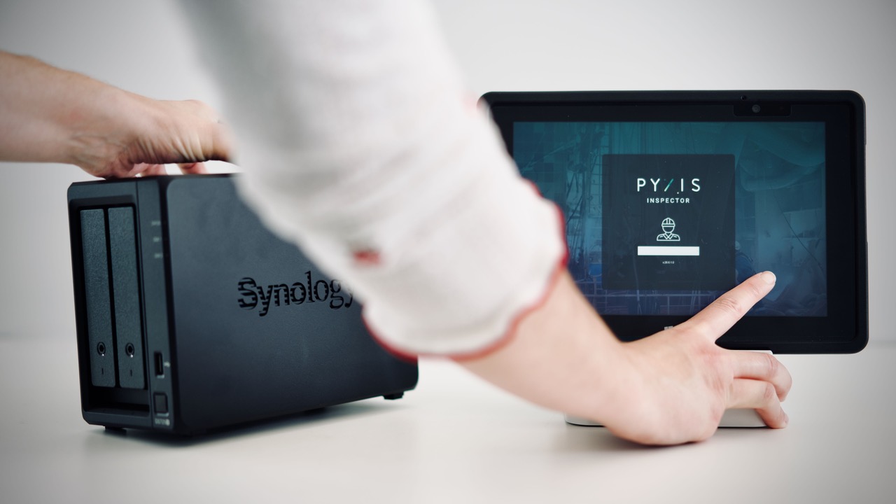 PYXIS Inspector digital integrity management platform displayed on a touchscreen workstation with server hardware for FPSO structural integrity management.